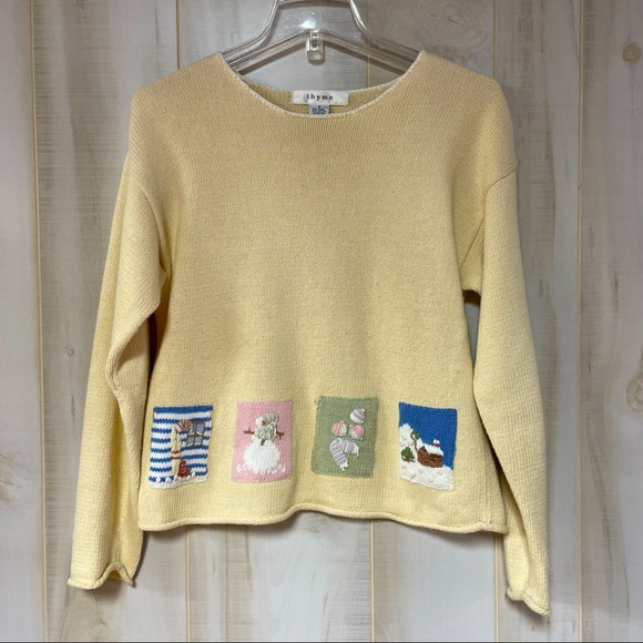 Thyme Sweaters - Vintage Snowman Theme Thyme 80s Yellow Pullover Sweater Sz S Winter Scene